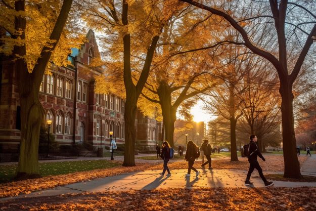 Autumn campus scene with students walking on a leaf-covered path. Sunlight filters through golden trees, casting long shadows. Historic building in the background.